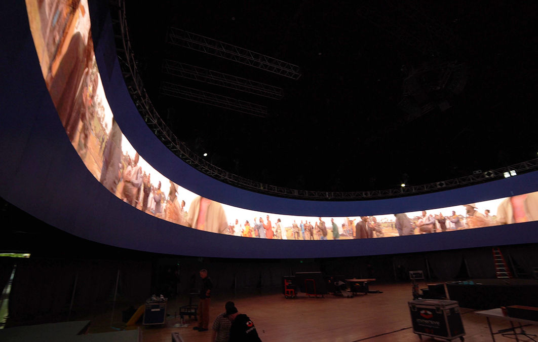 Team testing video on wrapped led screen