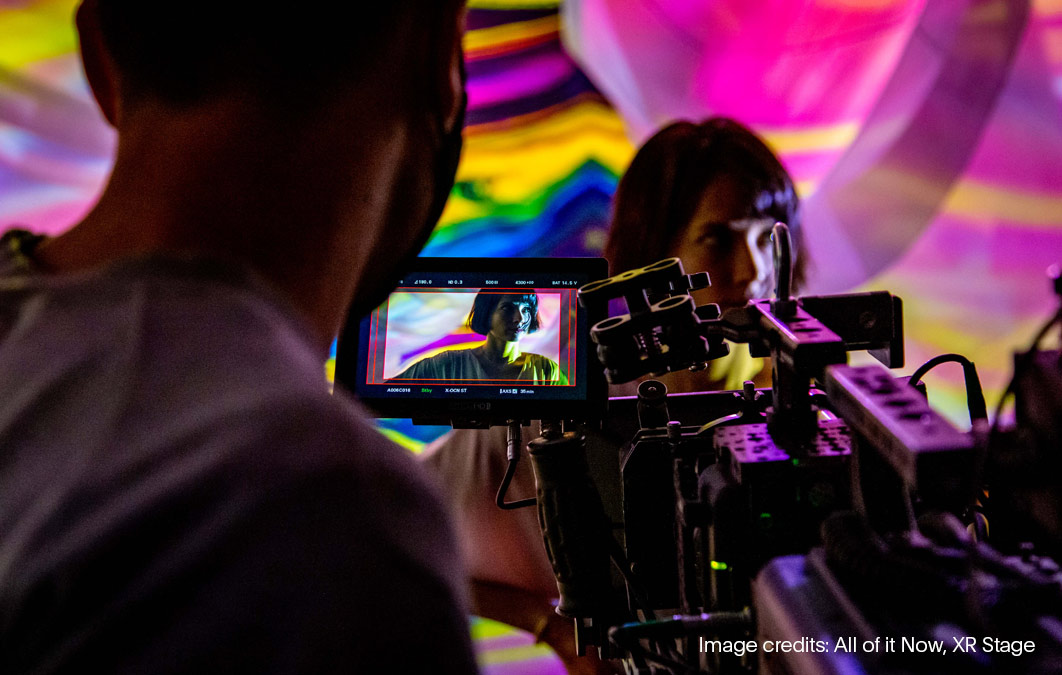 Camera filming close up of woman's face on xR stage