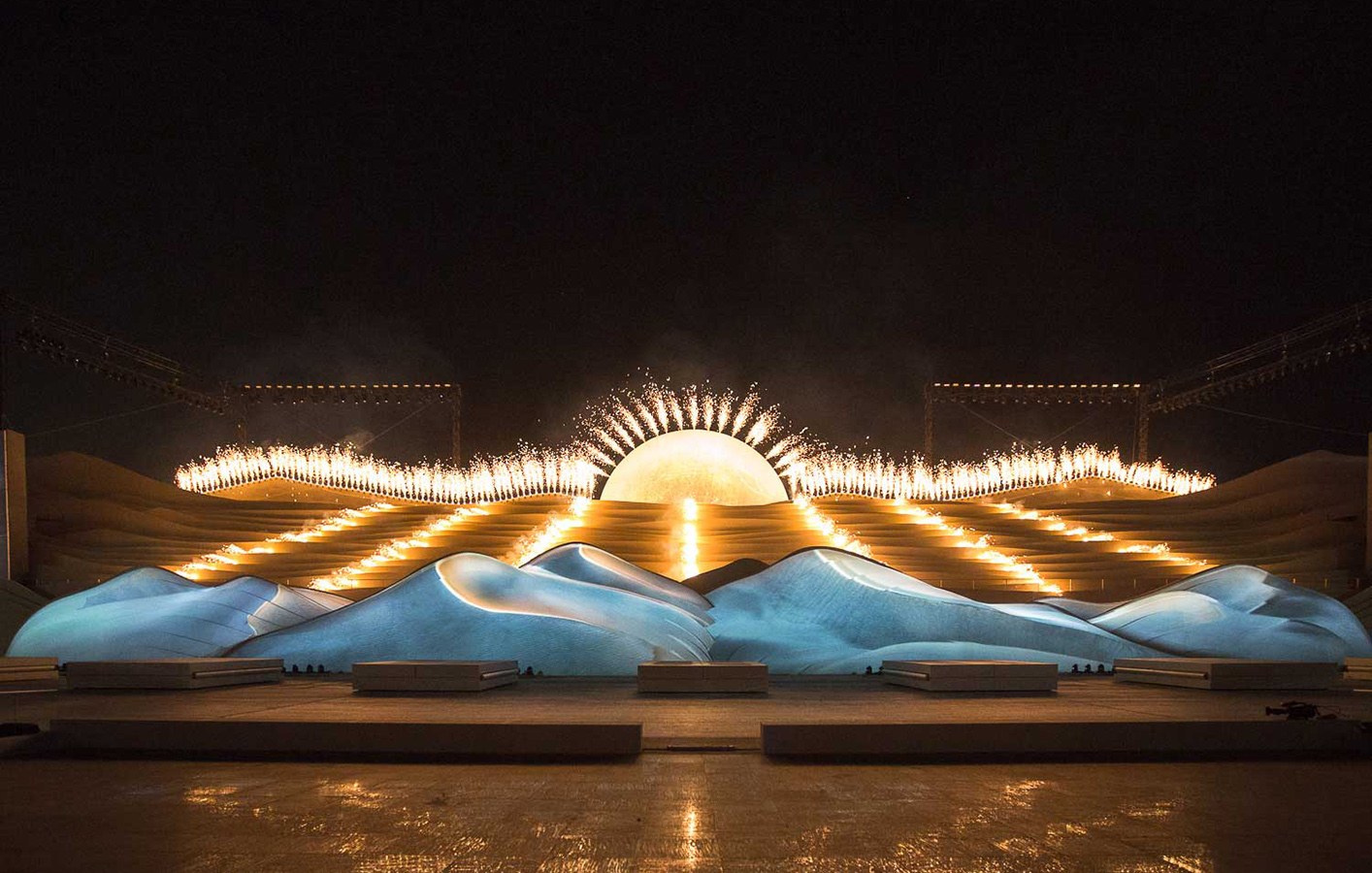 Projection mapping of sun surrounded by flames