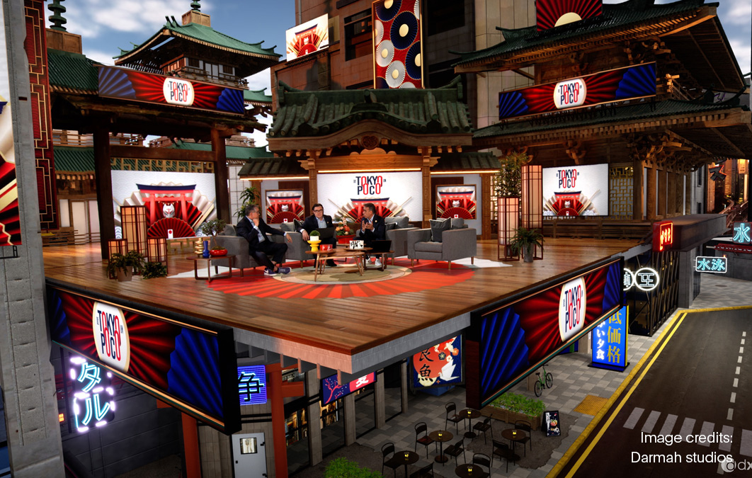 Three men in conversation on virtual studio for Tokyo olympics