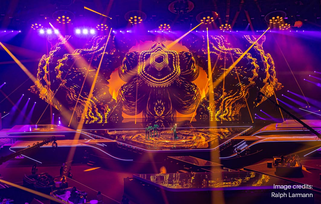 People performing in front of large LED display at Eurovision 2021
