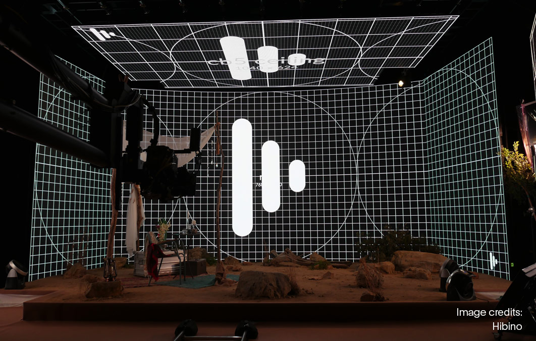 stage design of desert scene for virtual production shoot with Disguise logo on LED screens
