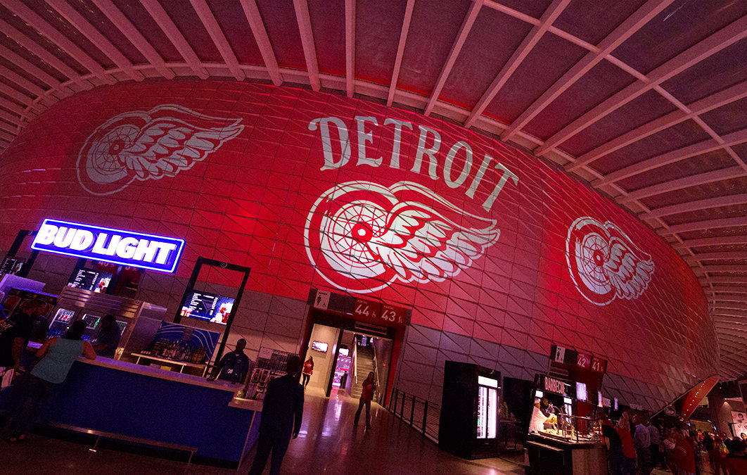 Detroit Red Wings logo displayed in Little Caesars arena 