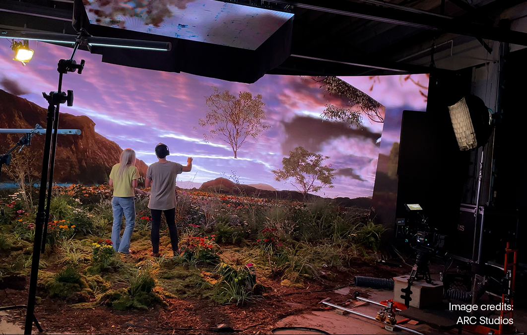 two people talking on virtual production set.