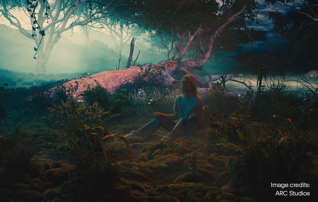 woman sitting in digital jungle environment