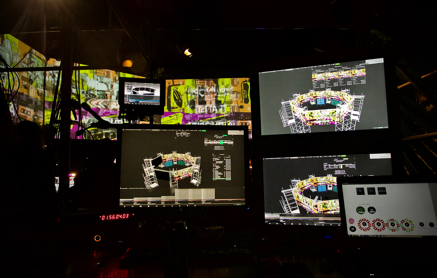Multiple computer screens show workflow for 360º Immersive Environment for the Shangri La at Glastonbury