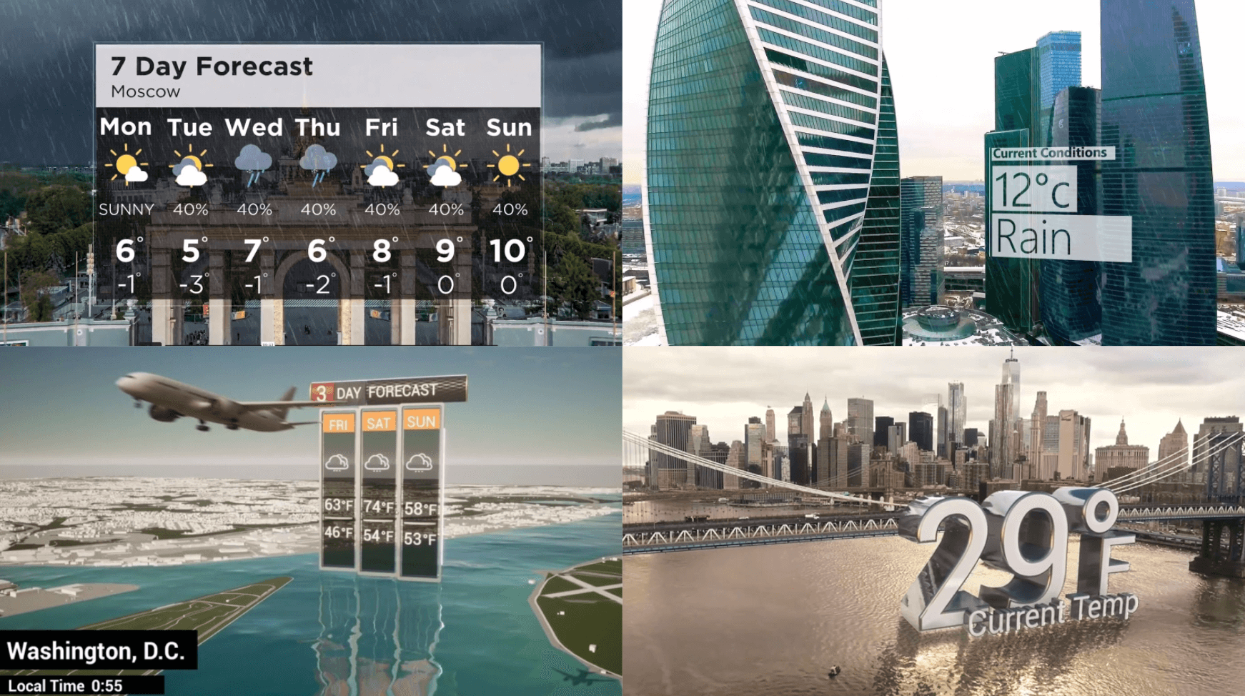 4 images showing weather forecast graphics overlayed on city backgrounds