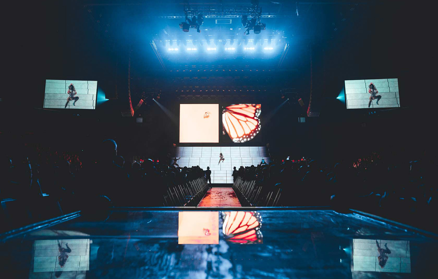 Stage set-up for live performance shows butterfly video on LED backdrop as artist performs on stage 