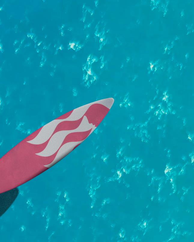 A virtual surfboard on a virtual ocean