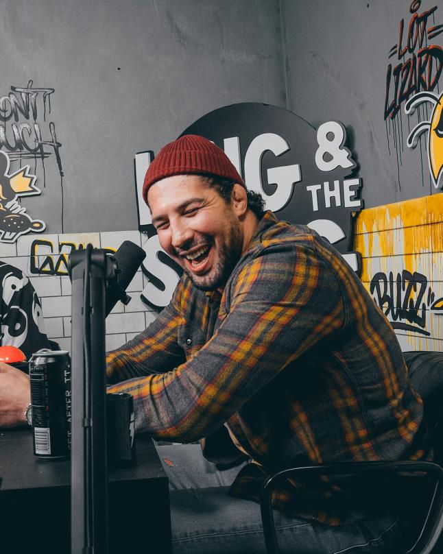 A podcast with a vibrant background