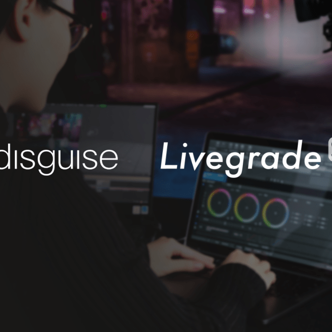 person working on computer overlayed with Disguise and Livegrade Studio logos