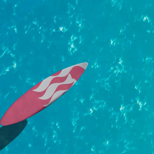 A virtual surfboard on a virtual ocean
