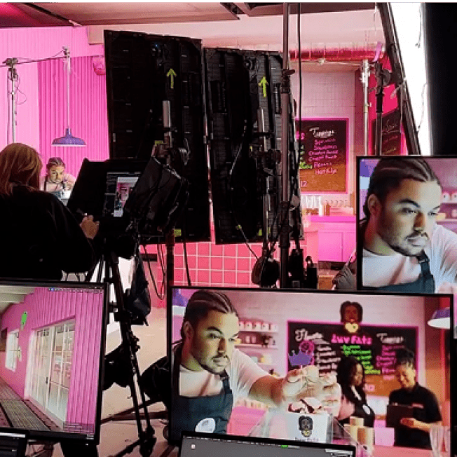 An ice cream commercial for a small business being shot on an LED Volume