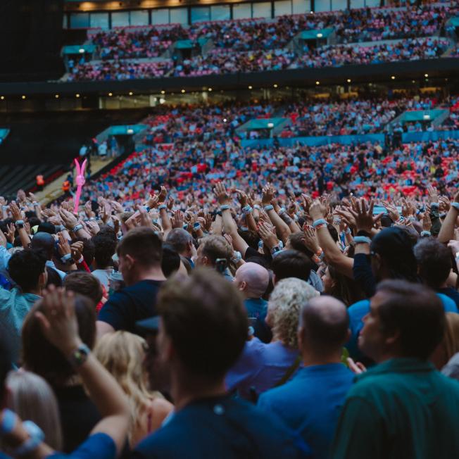 crowd in stadium sticking hands in the air