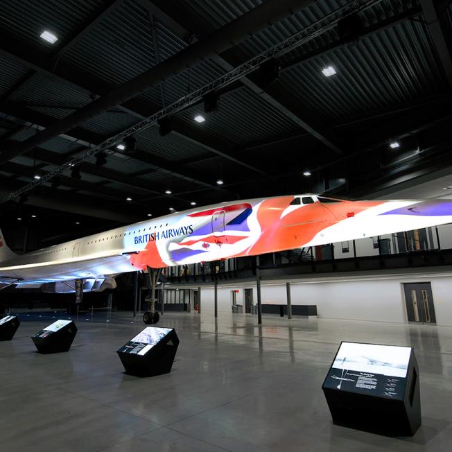 Concorde display with projection mapping display of union jack on plane