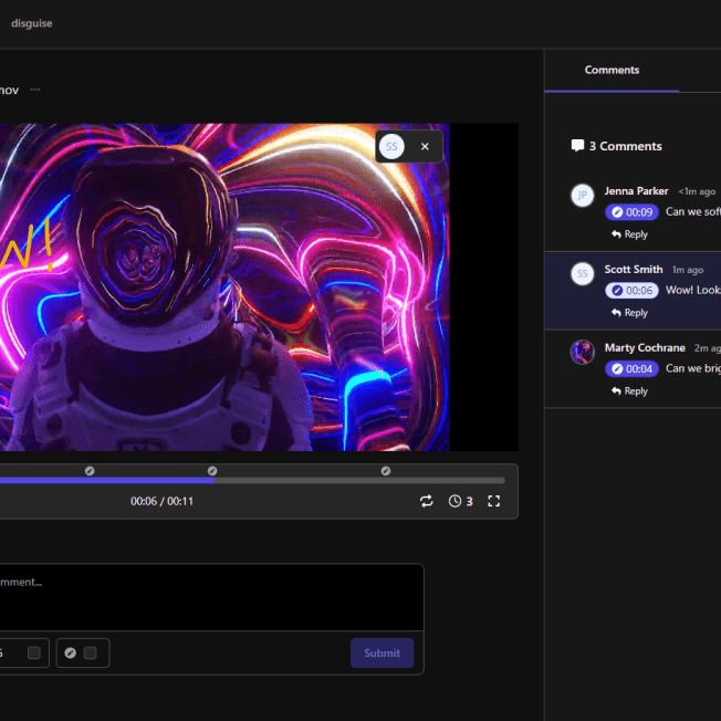 Screen grab of feedback provided on video in Disguise Cloud