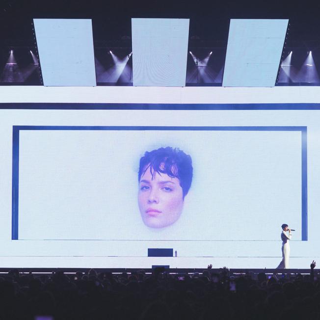 Halsey's face displayed on white background for LED stage backdrop