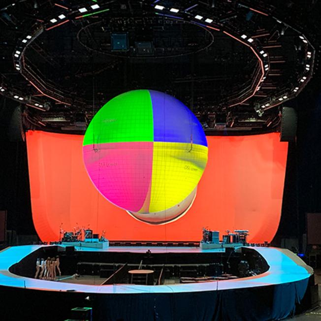 stage with globe suspended above