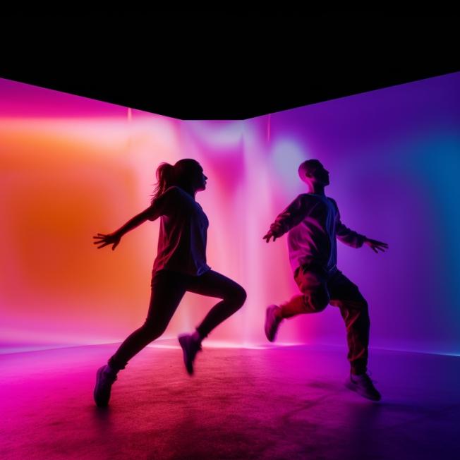 Man and Woman running in front of colourful digital stage