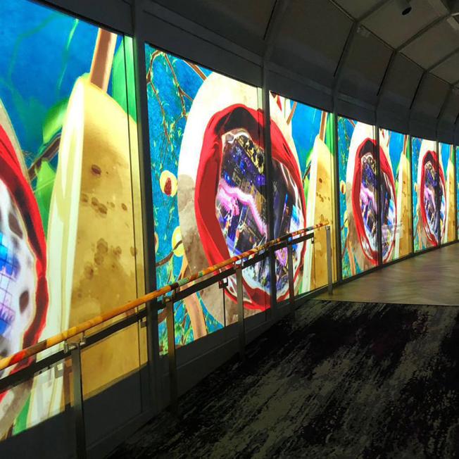A series of multimedia screens along a walkway