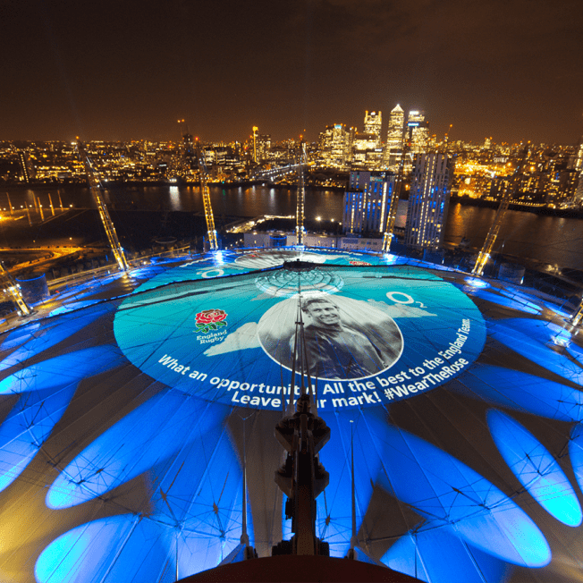 Johnny Wilkinsons face projected on o2 arena building for rwc event