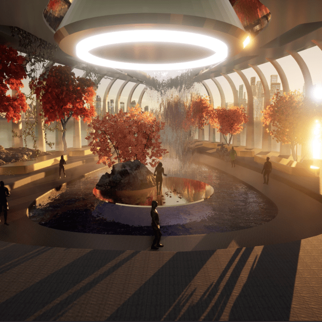 Computer generated graphic of futuristic environment with waterfall feature