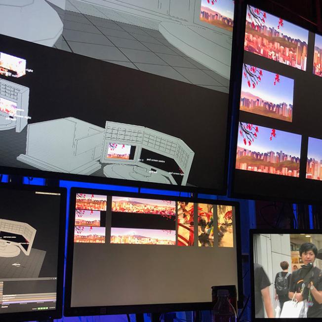 Video operators screen set-up for virtual studio