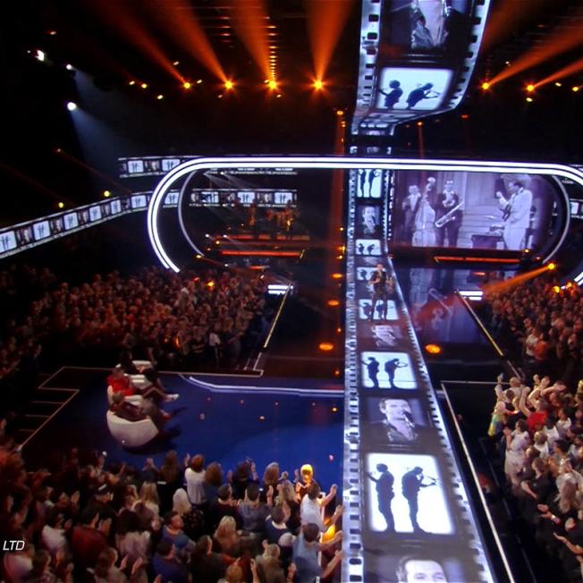 TV Studio with live audience. The studio featured videos of a film reel