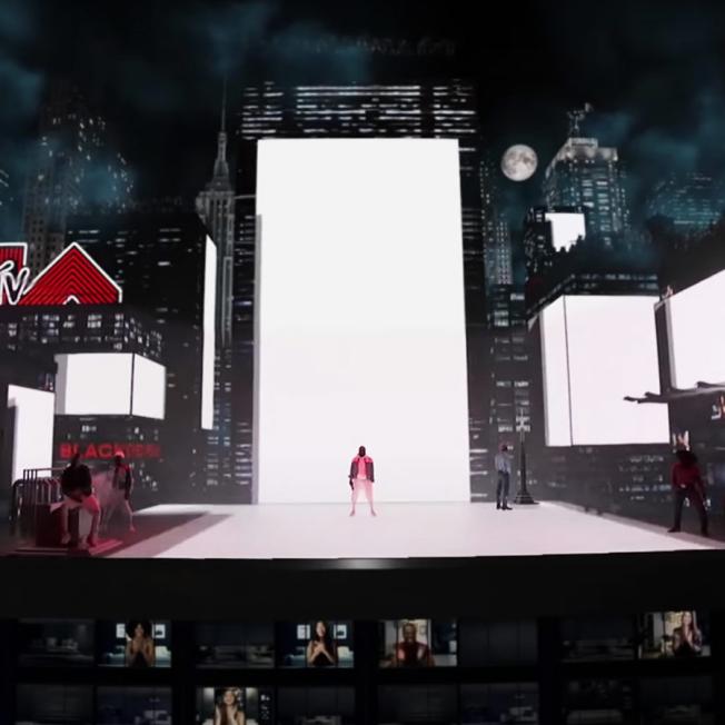 Stage design for VMA awards featuring city environment in video