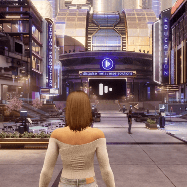 computer generated graphic metaverse environment of woman in futuristic city  
