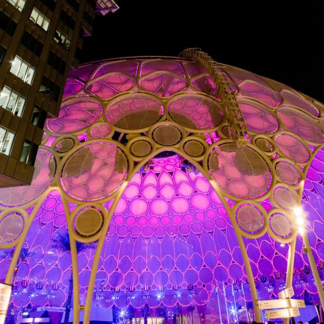 Pink and purple projection design as seen from outside the Al Wasl dome