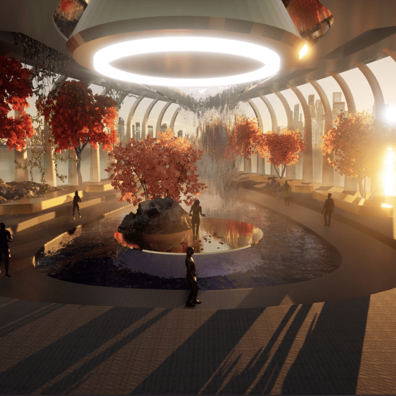 Computer generated graphic of futuristic environment with waterfall feature