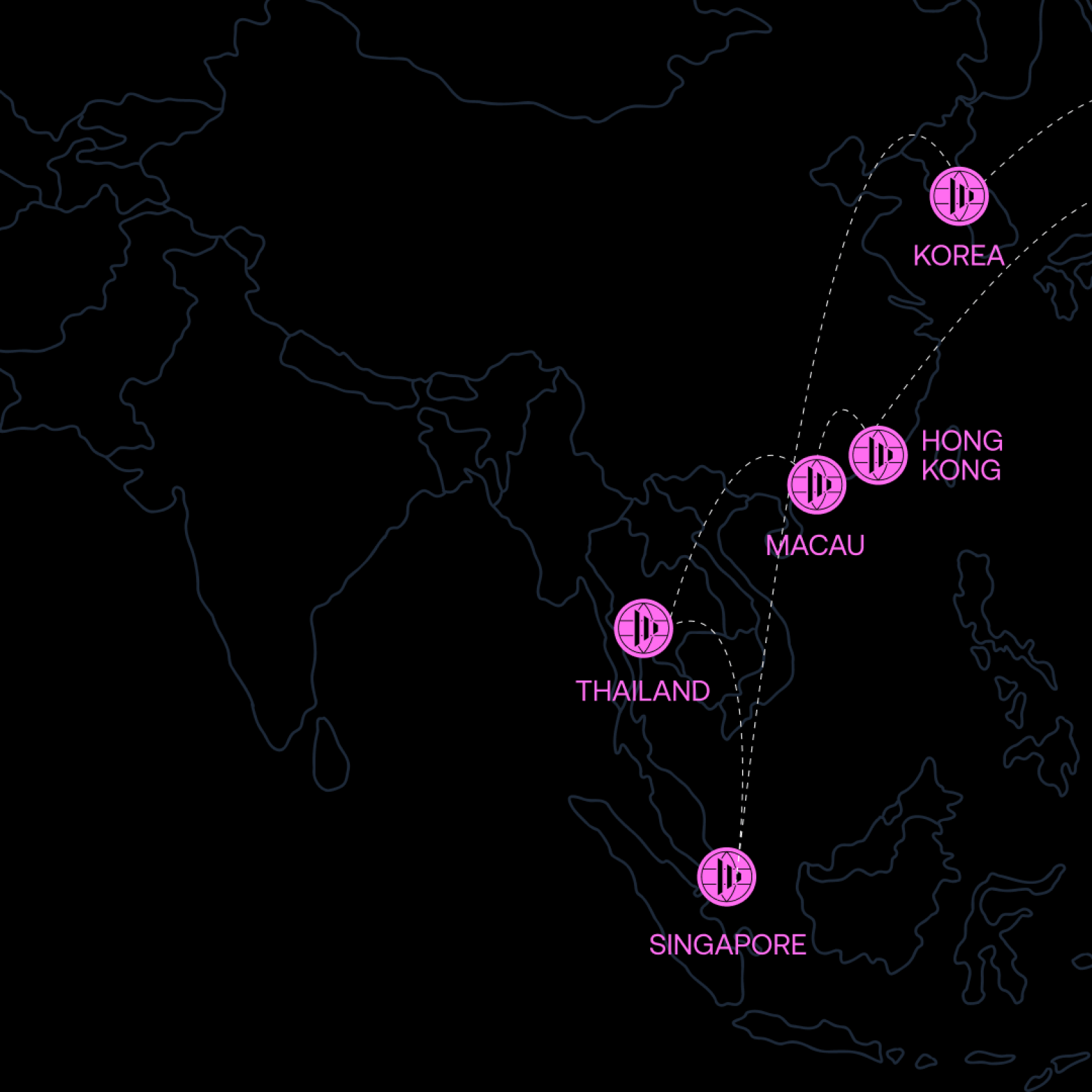map of asia connecting different locations with a dotted line