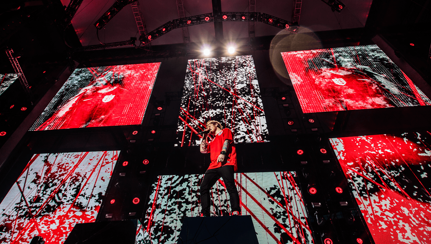 Ed Sheeran playing in front of multiple LED screens