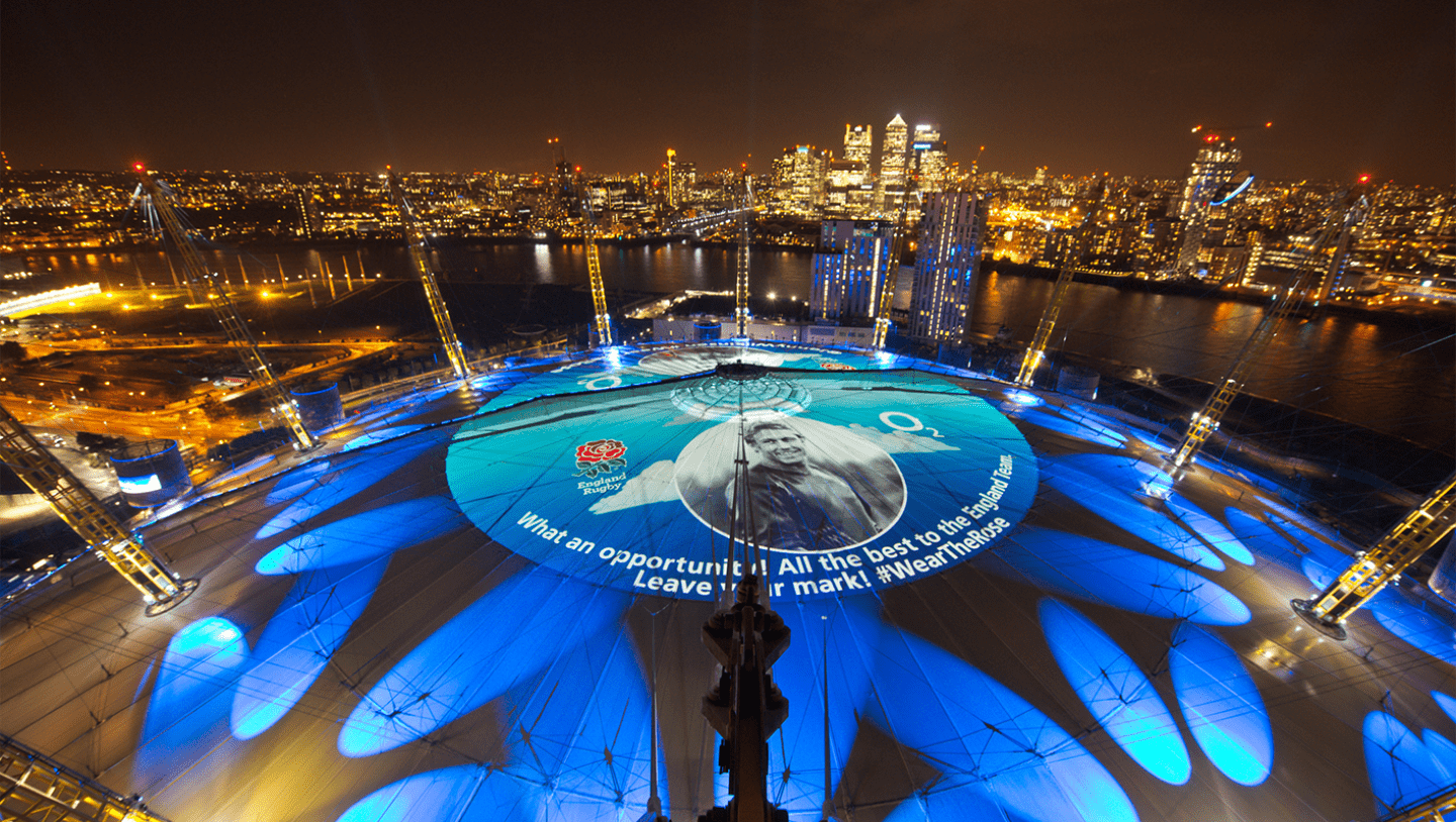 Johnny Wilkinsons face projected on o2 arena building for rwc event