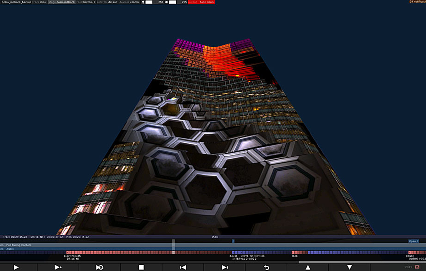 Projection mapping design seen on the Millbank Tower
