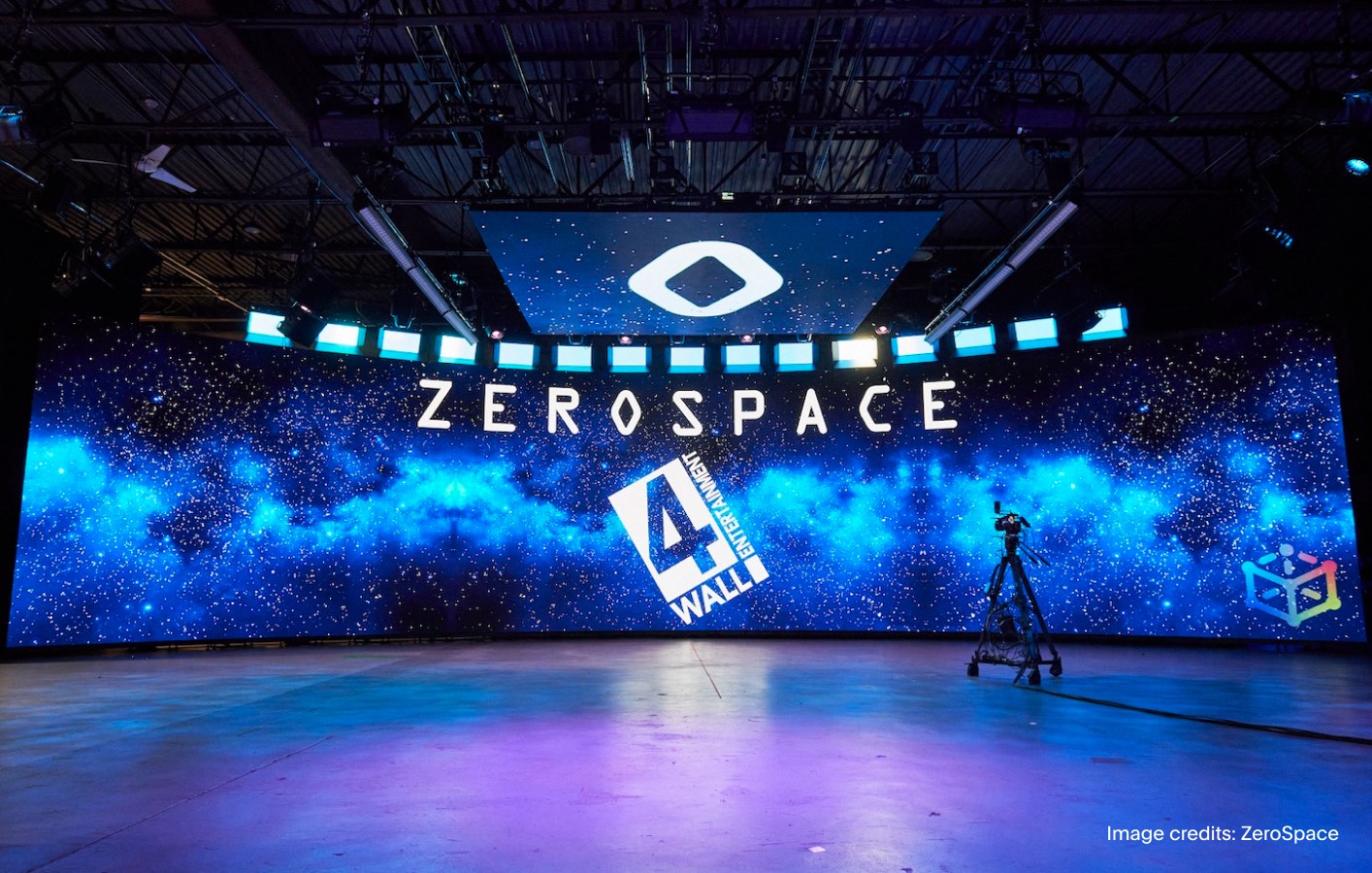 Virtual Production stage with Zerospace and 4Wall logos